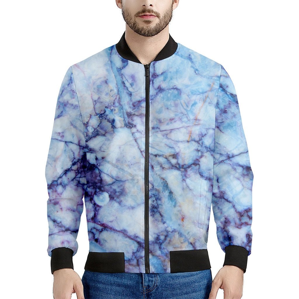 Blue Marble Print Men's Bomber Jacket - Premium Polyester Blend Jacket