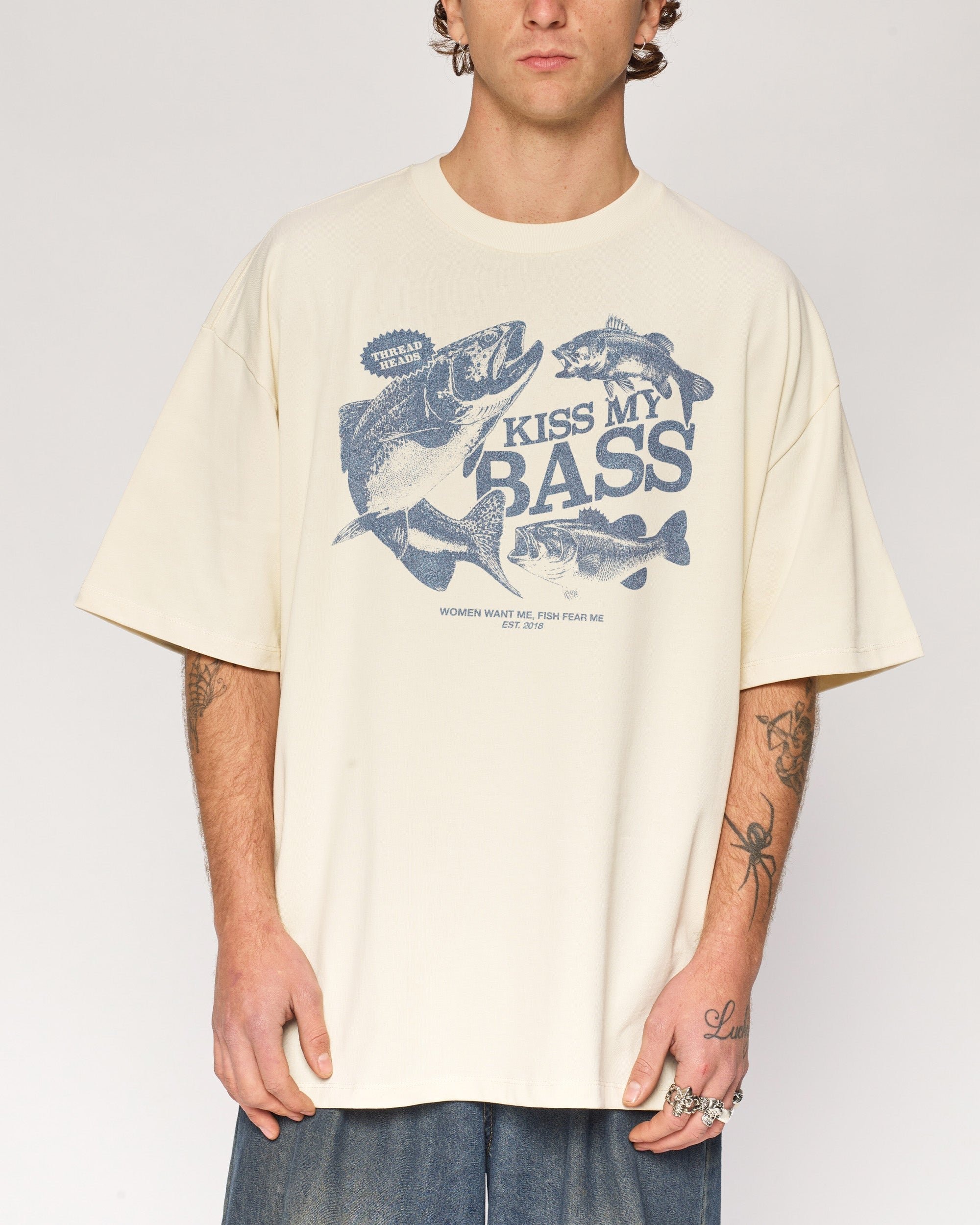 Kiss My Bass Oversized Graphic Tee - Unisex 90s Boxy Fit 100% Combed Cotton