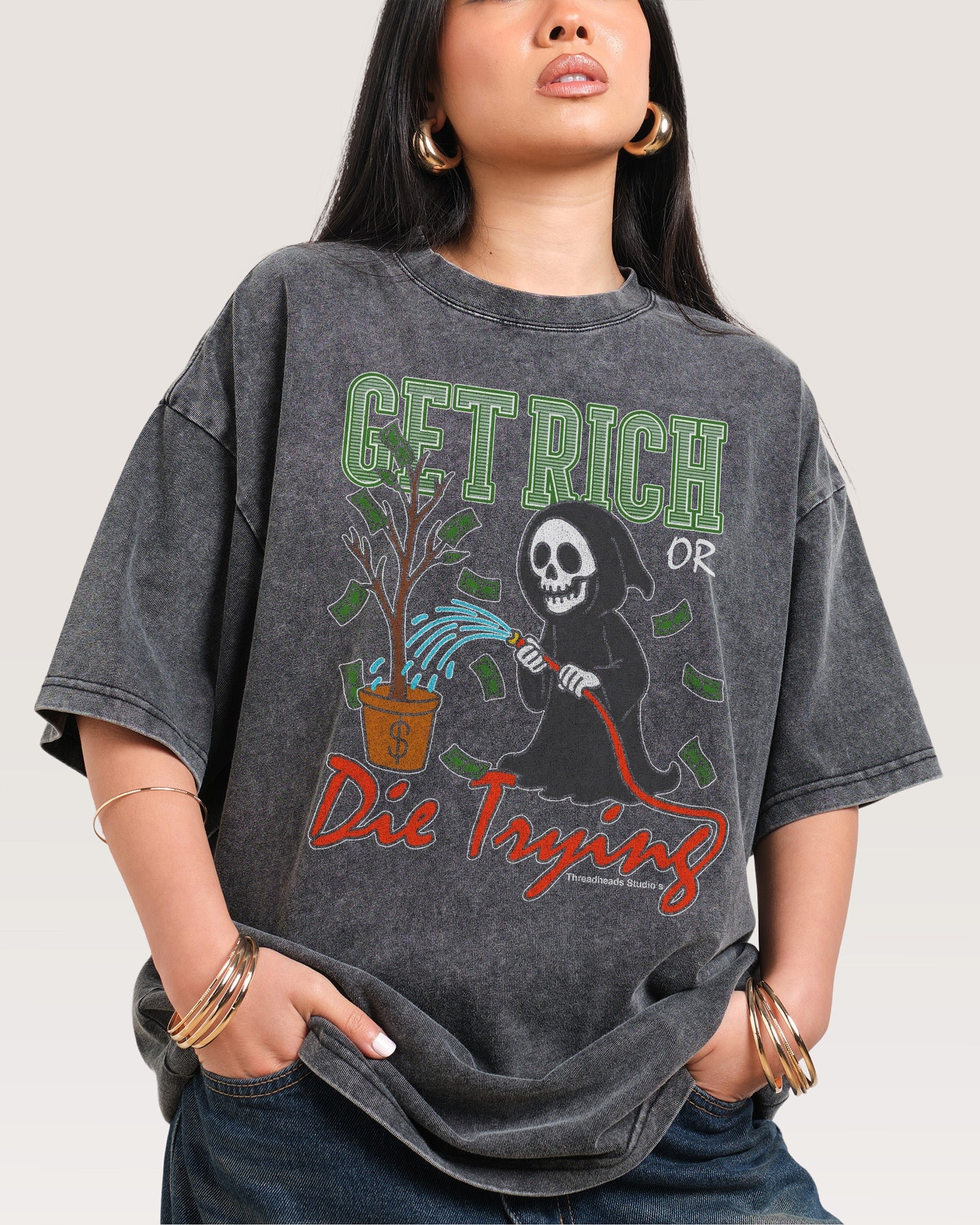 Get Rich or Die Trying Oversized Graphic Tee - Unisex 100% Combed Cotton Heavyweight T-Shirt